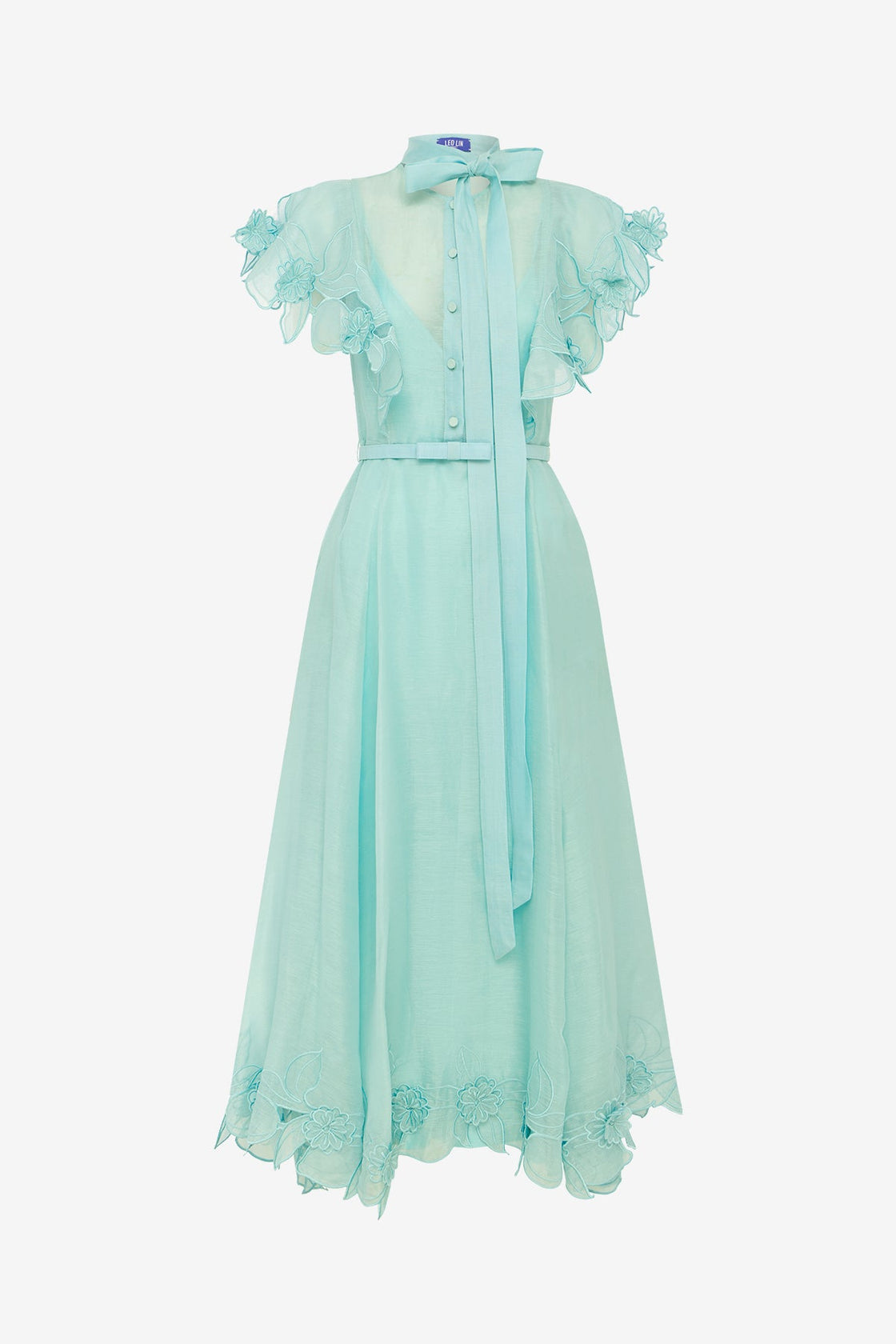 Elsie Appliqué Flutter Sleeve Maxi Dress - Pale Turquoise Dress Midi