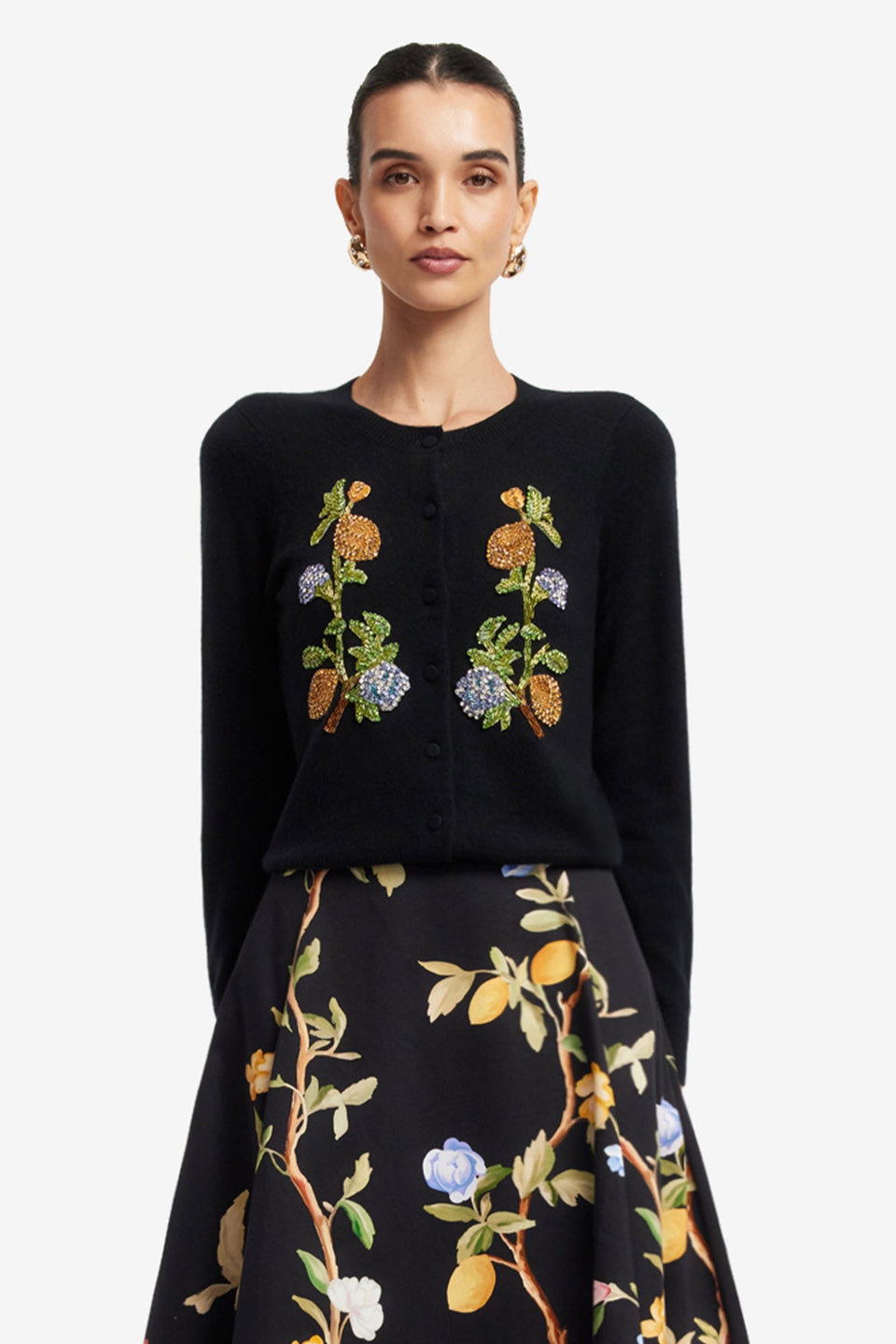 Claire Embellished Knit Cardigan - Lemon Vine Print in Ebony Tops