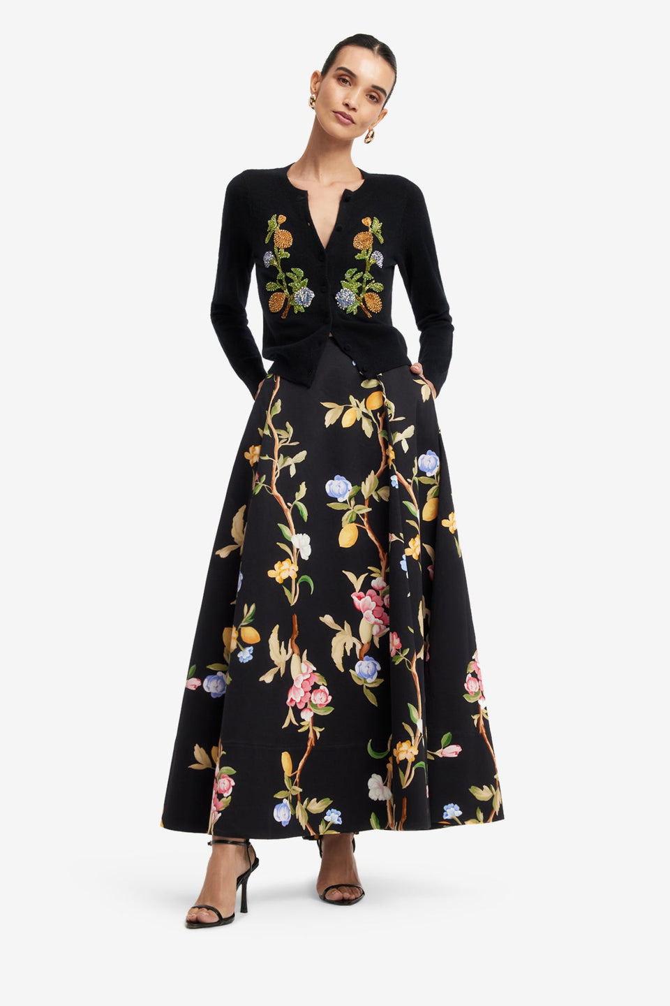 Claire Embellished Knit Cardigan - Lemon Vine Print in Ebony Tops