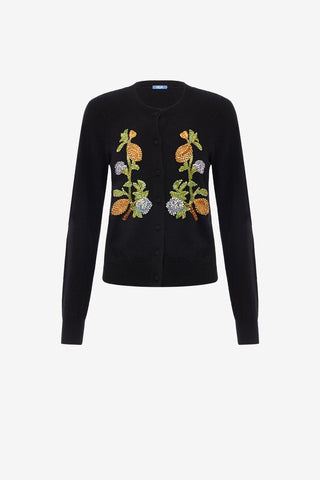 Claire Embellished Knit Cardigan - Lemon Vine Print in Ebony Tops