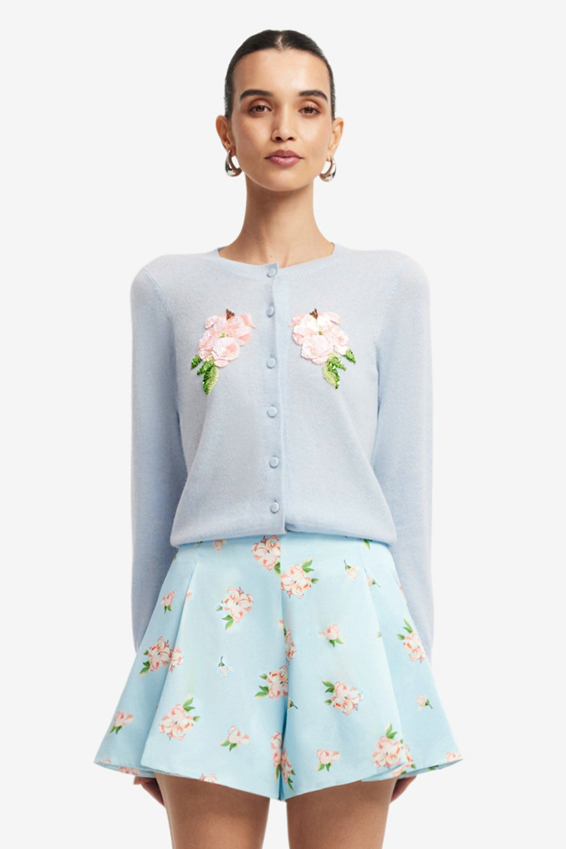 Claire Embellished Knit Cardigan - Ditsy Floral Print in Blue Tops