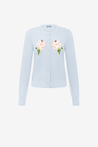 Claire Embellished Knit Cardigan - Ditsy Floral Print in Blue Tops