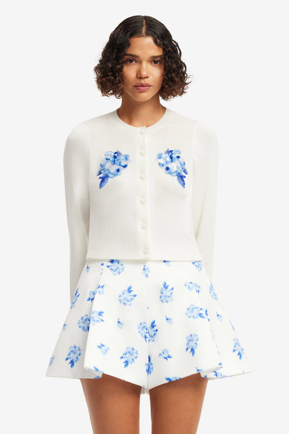 Claire Embellished Knit Cardigan - Ditsy Floral Print in Snow Tops