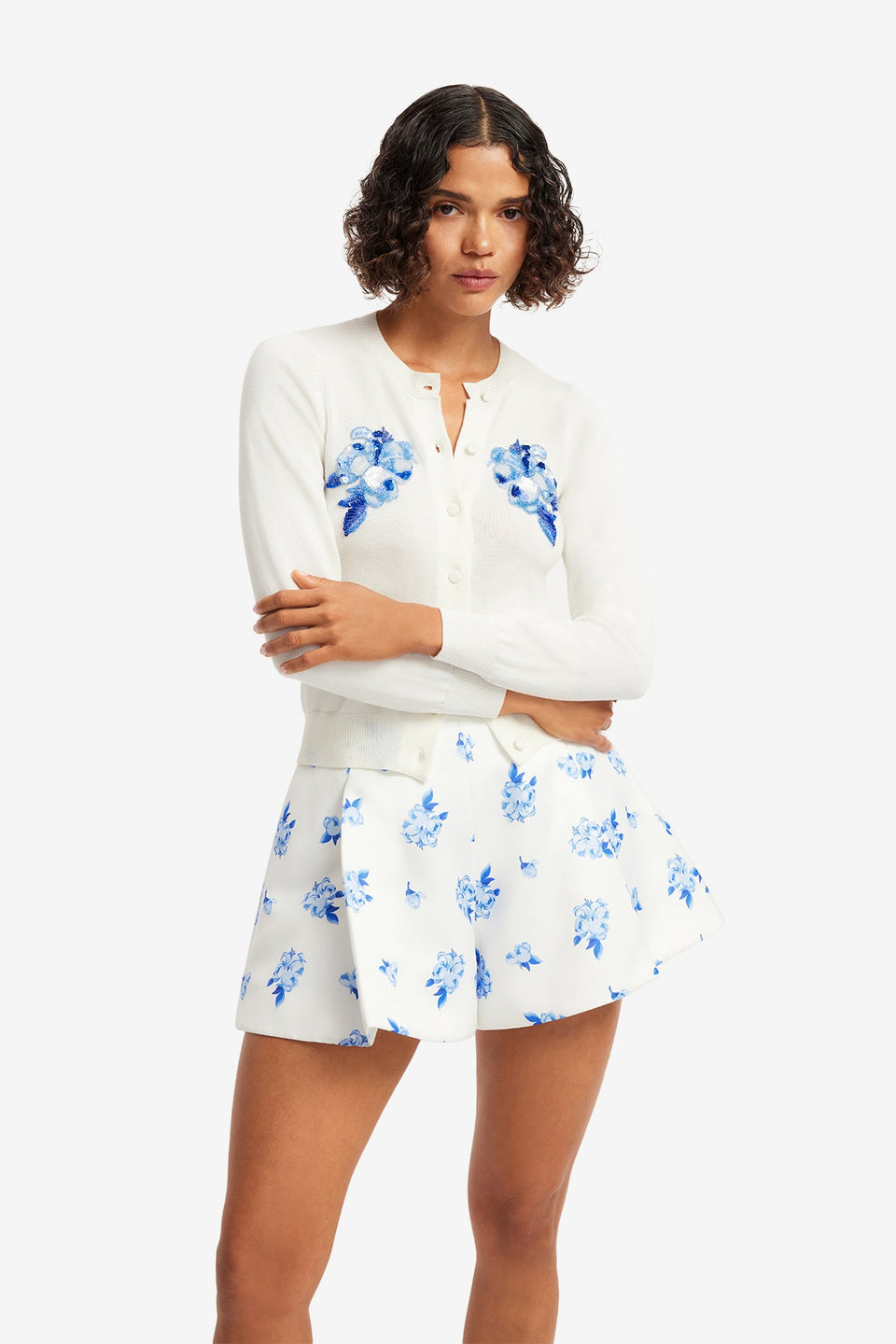 Claire Embellished Knit Cardigan - Ditsy Floral Print in Snow Tops