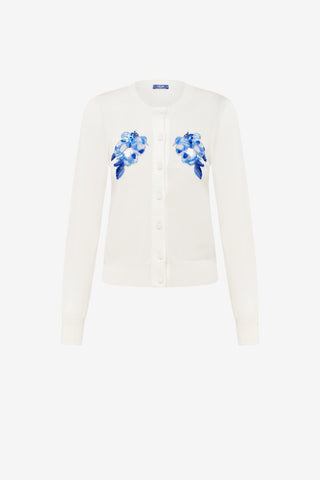 Claire Embellished Knit Cardigan - Ditsy Floral Print in Snow Tops