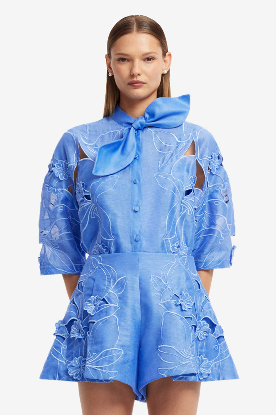 Brooklyn Appliqué Bow Puff Sleeve Top - Azure Tops