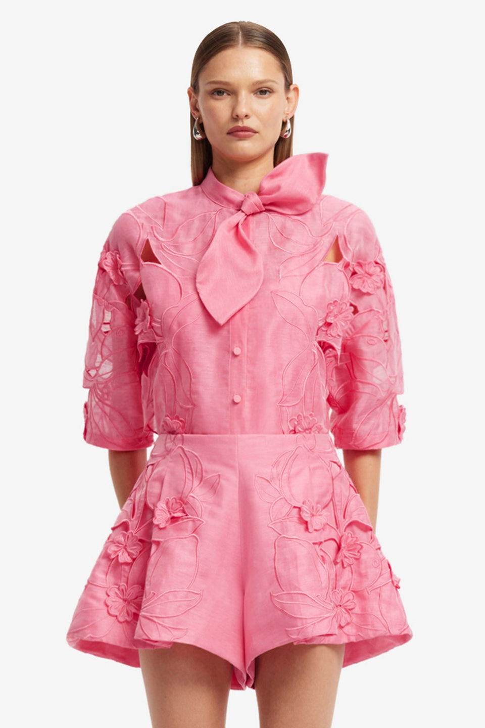 Exclusive LEO LIN Brooklyn Applique Bow Puff Sleeve Top - Fuchsia