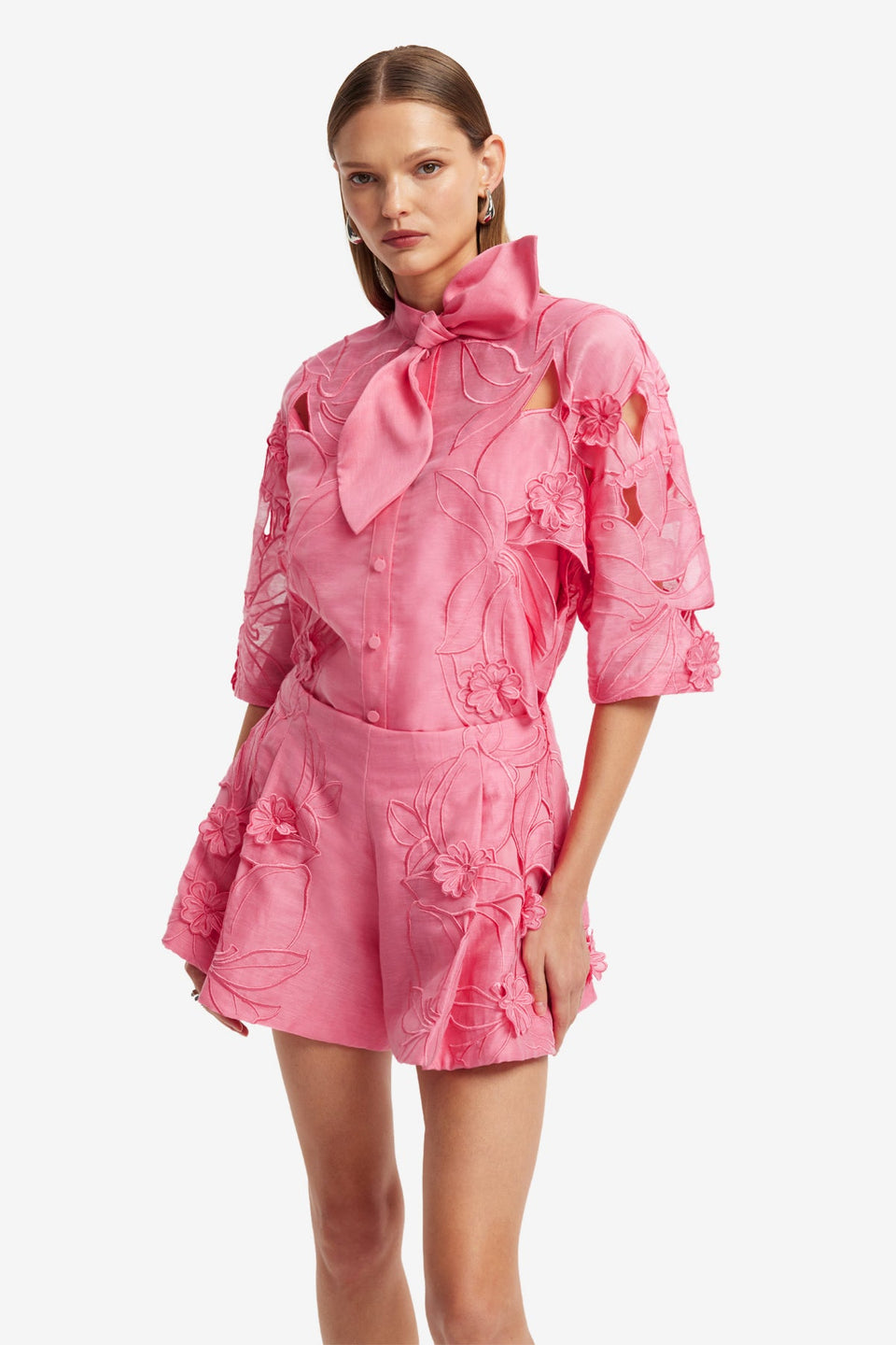 Exclusive LEO LIN Brooklyn Applique Bow Puff Sleeve Top - Fuchsia