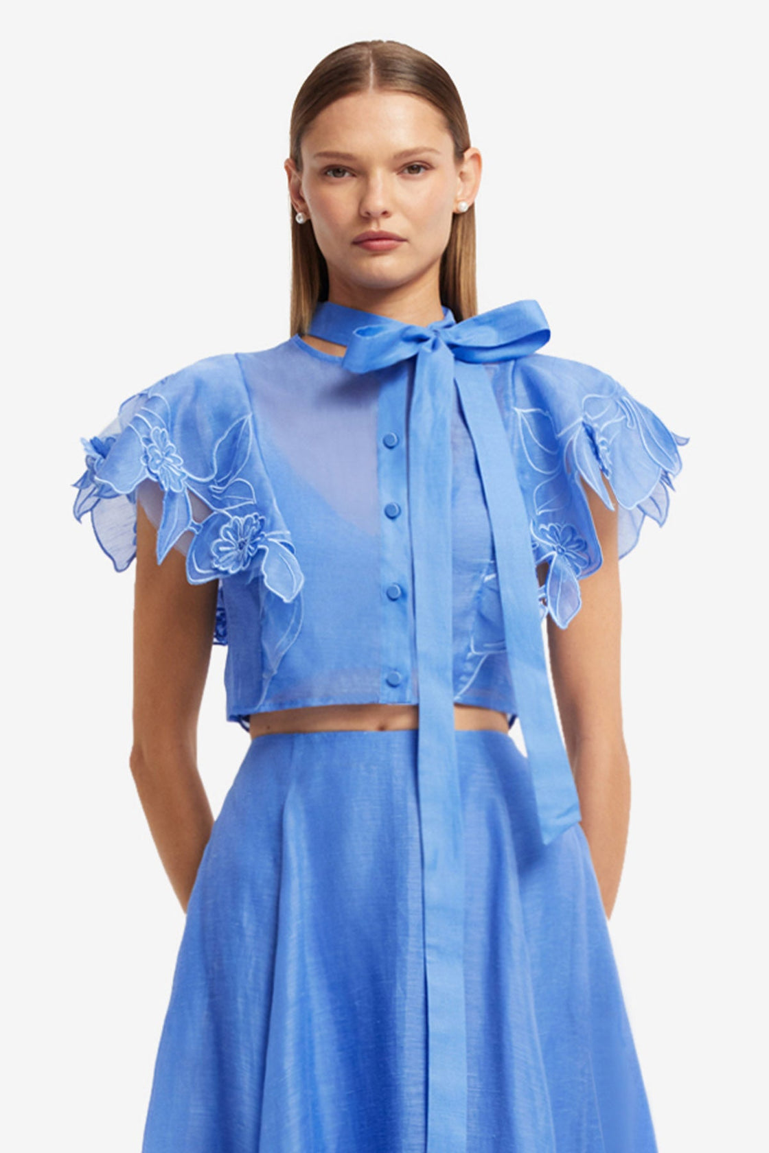Jasmine Appliqué Flutter Sleeve Top - Azure Tops