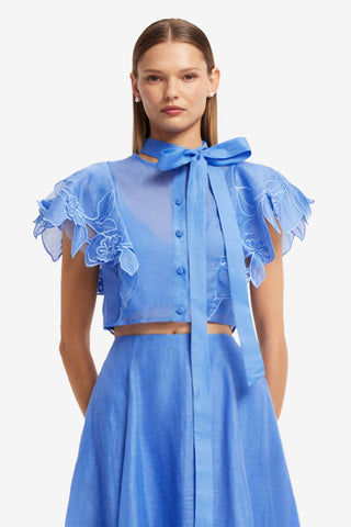 Jasmine Appliqué Flutter Sleeve Top - Azure Tops