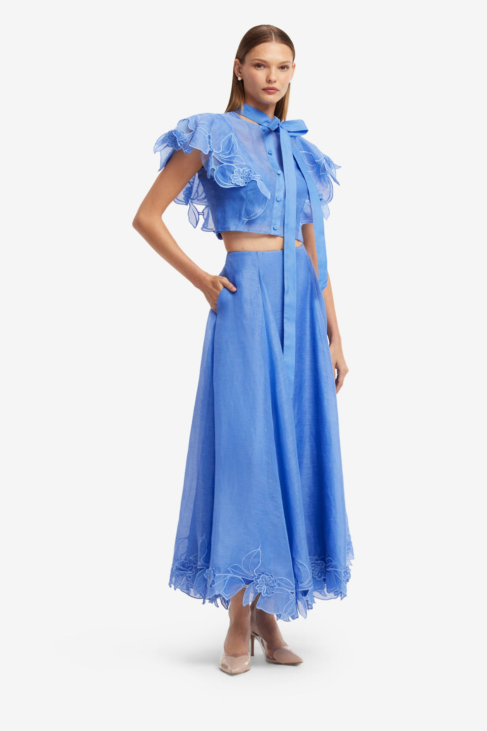 Jasmine Appliqué Flutter Sleeve Top - Azure Tops