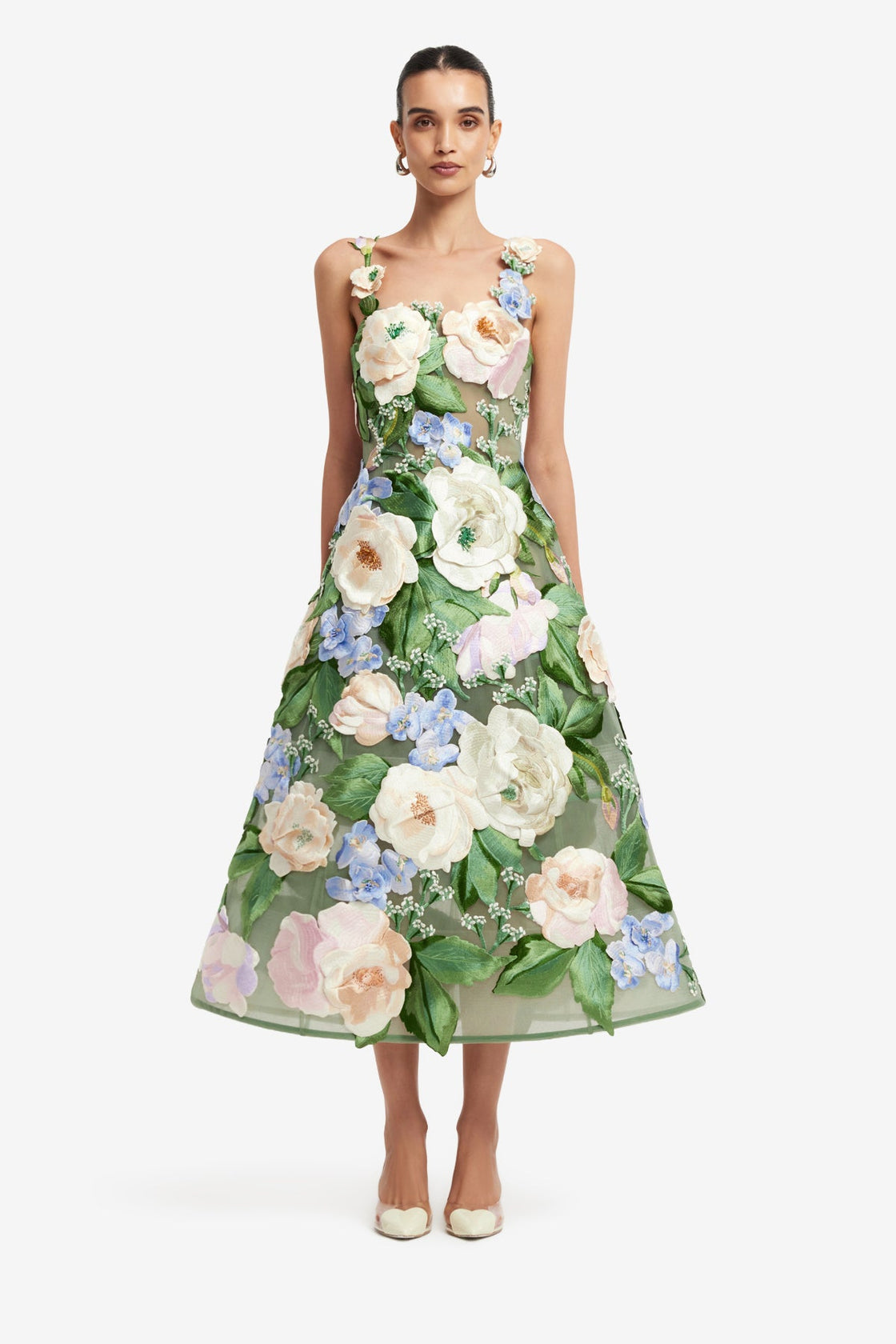 LEO LIN - Beatrice Floral Hand-Embroidered Midi Dress - Blossom