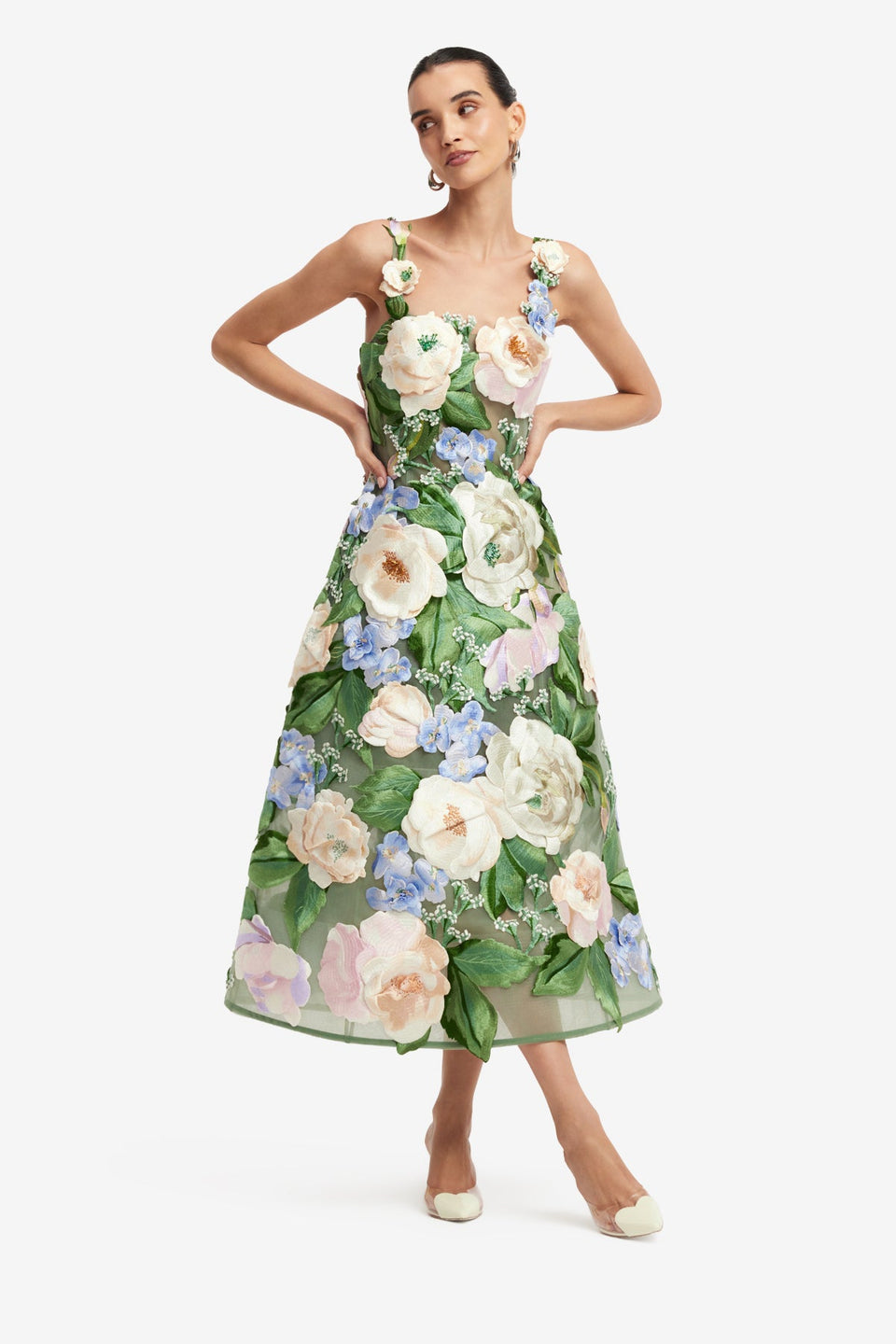 Exclusive LEO LIN Beatrice Floral Hand-Embroidered Midi Dress - Blossom
