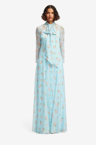 Lilith Tie Neck Maxi Dress - Ditsy Floral Print in Blue Dress Maxi