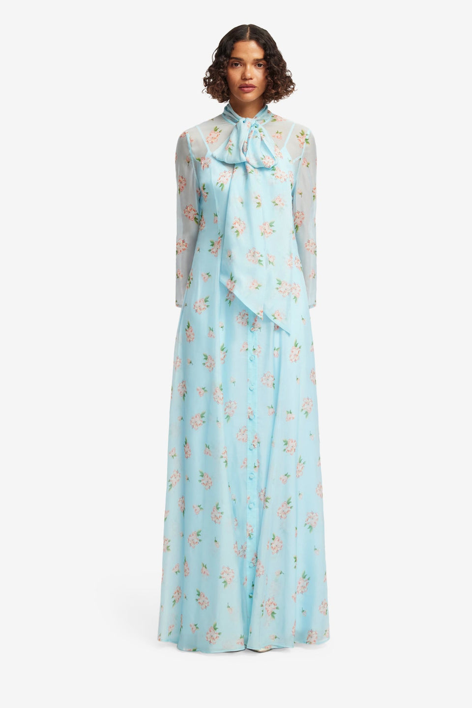 Exclusive LEO LIN Lilith Tie Neck Maxi Dress - Ditsy Floral Print in Blue