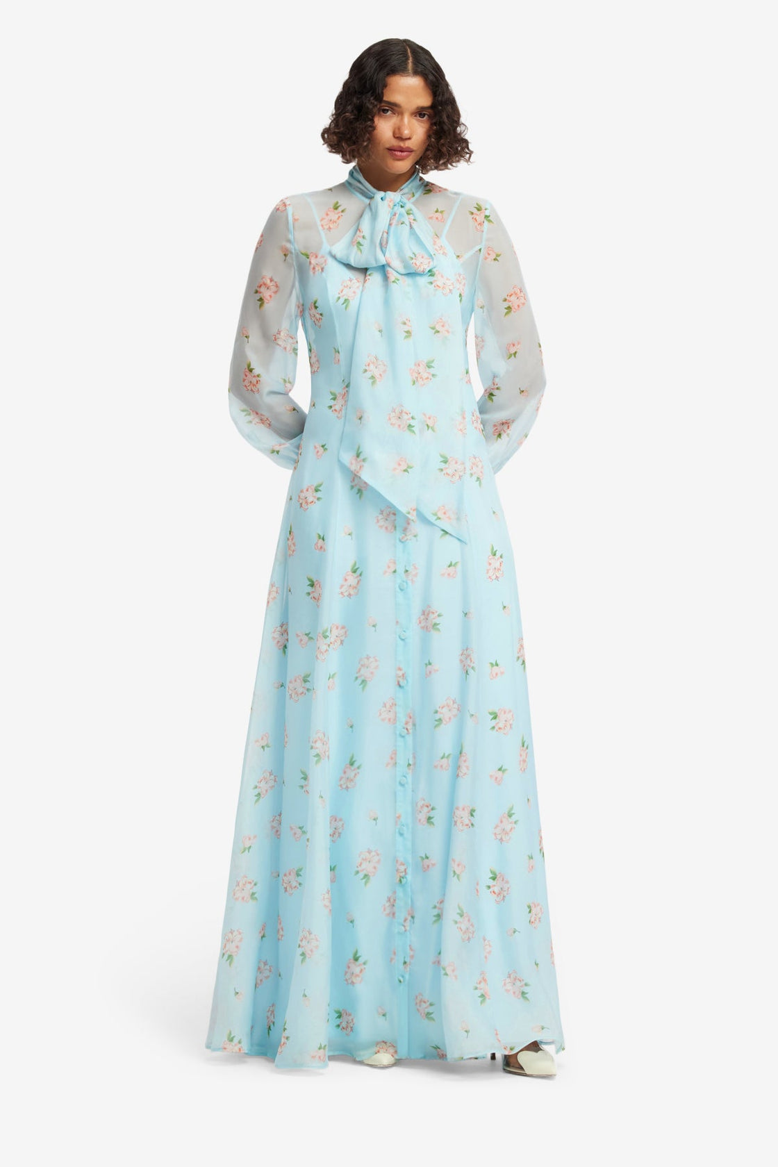 Lilith Tie Neck Maxi Dress - Ditsy Floral Print in Blue Dress Maxi