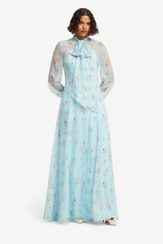 Lilith Tie Neck Maxi Dress - Ditsy Floral Print in Blue Dress Maxi