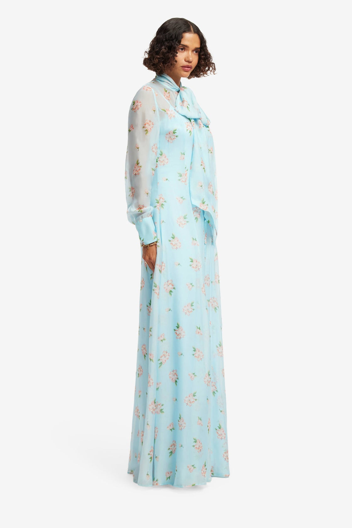 Lilith Tie Neck Maxi Dress - Ditsy Floral Print in Blue Dress Maxi