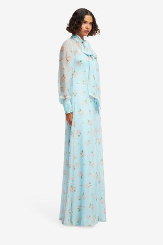 Lilith Tie Neck Maxi Dress - Ditsy Floral Print in Blue Dress Maxi