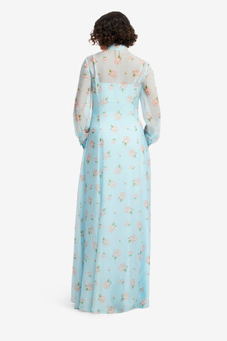 Lilith Tie Neck Maxi Dress - Ditsy Floral Print in Blue Dress Maxi