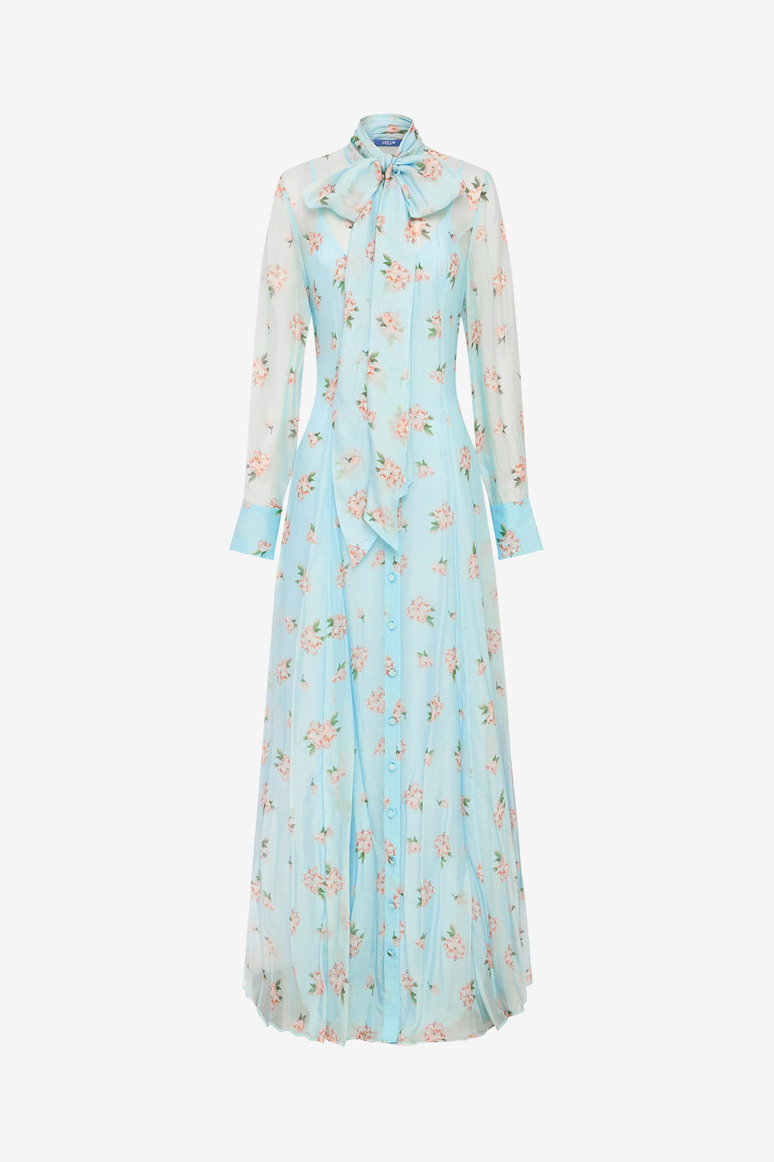 Lilith Tie Neck Maxi Dress - Ditsy Floral Print in Blue Dress Maxi