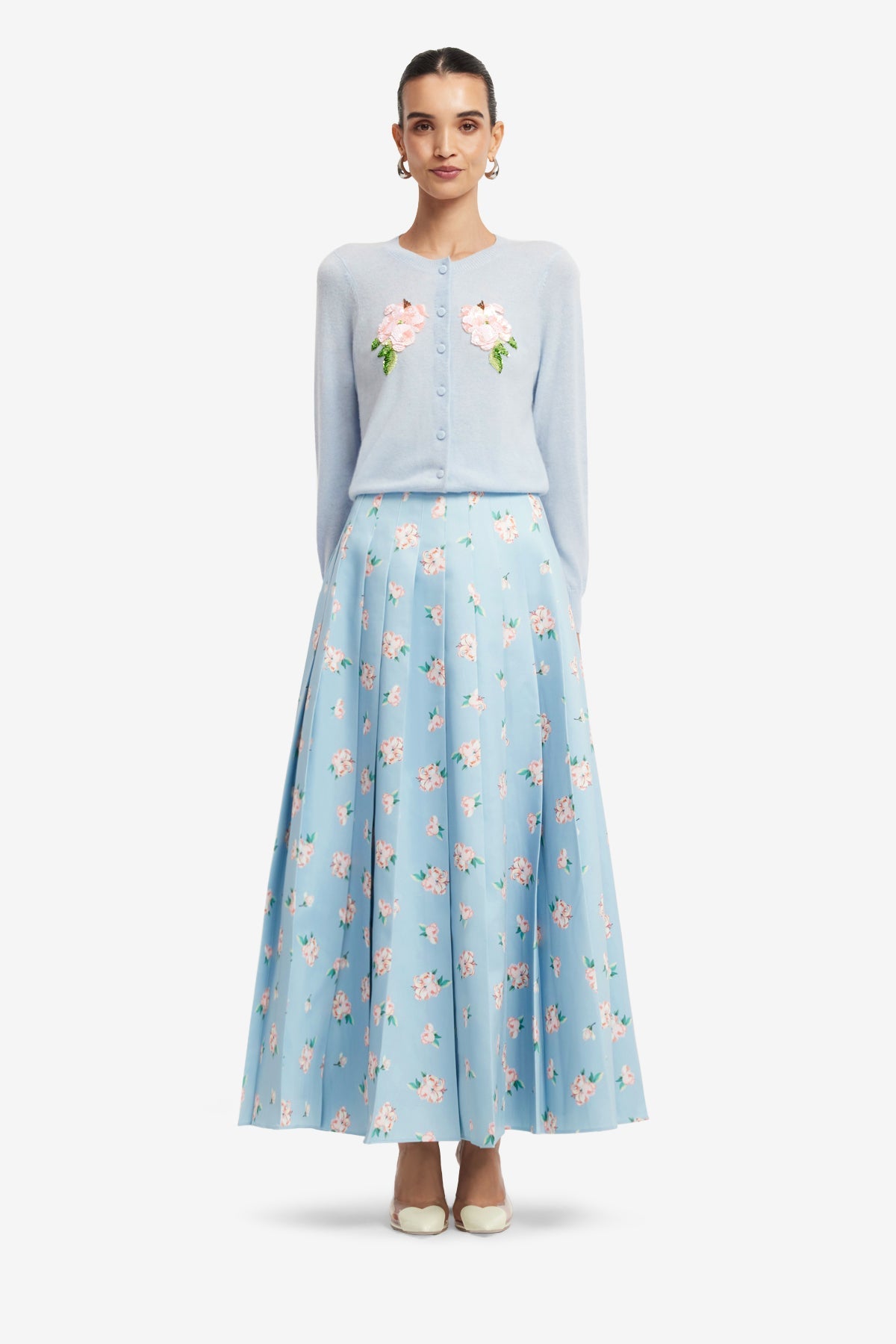 June Pleated Maxi Skirt - Ditsy Floral Print in Blue – LEO LIN