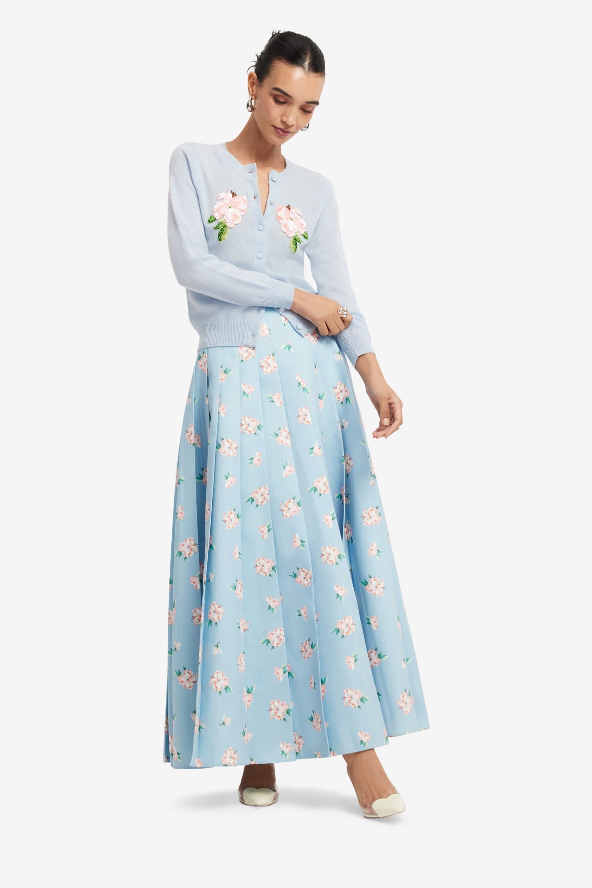 June Pleated Maxi Skirt - Ditsy Floral Print in Blue – LEO LIN