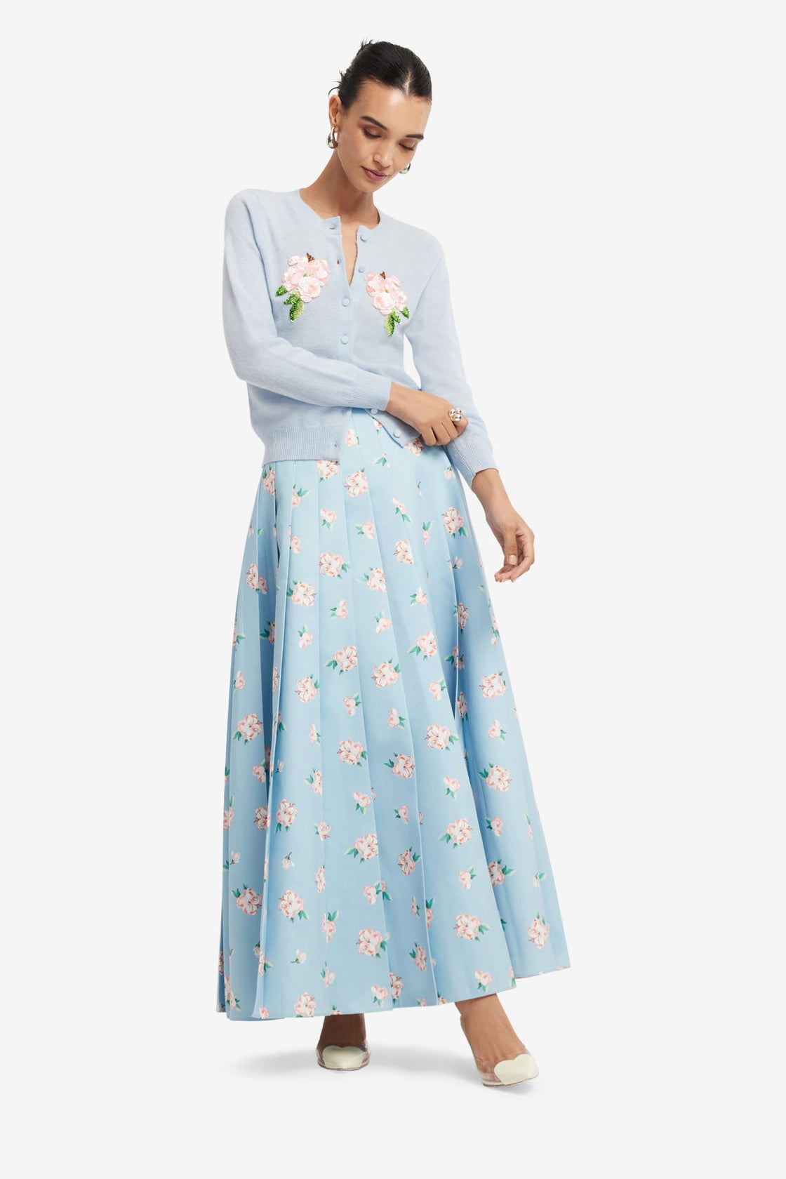 Exclusive LEO LIN June Pleated Maxi Skirt - Ditsy Floral Print in Blue