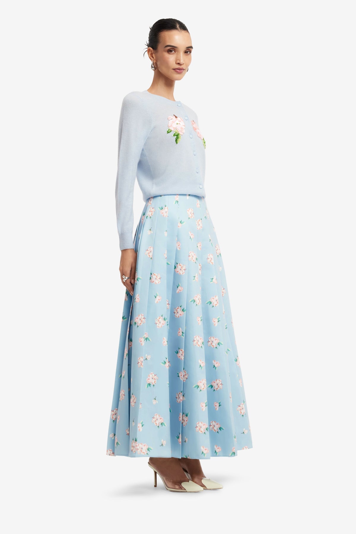 June Pleated Maxi Skirt - Ditsy Floral Print in Blue – LEO LIN