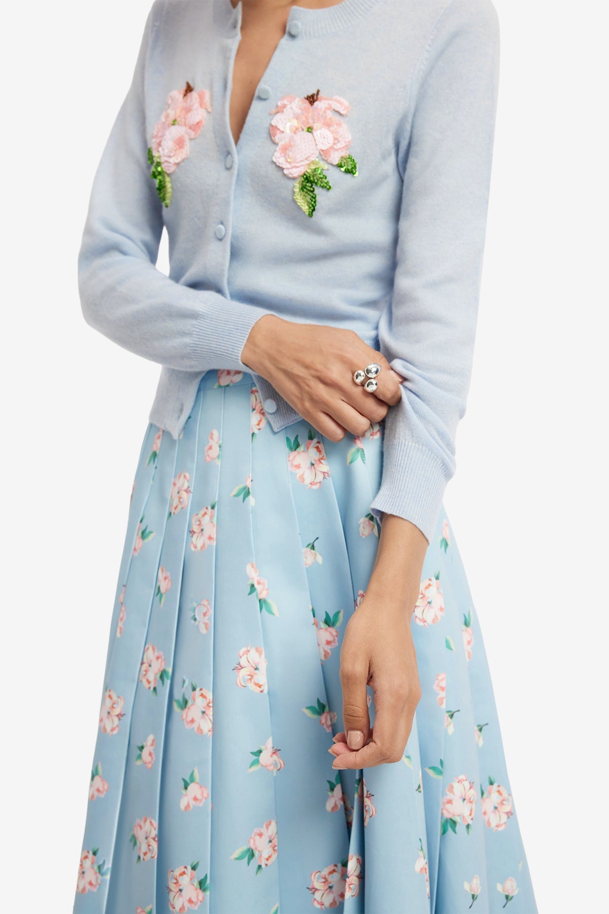 June Pleated Maxi Skirt - Ditsy Floral Print in Blue – LEO LIN