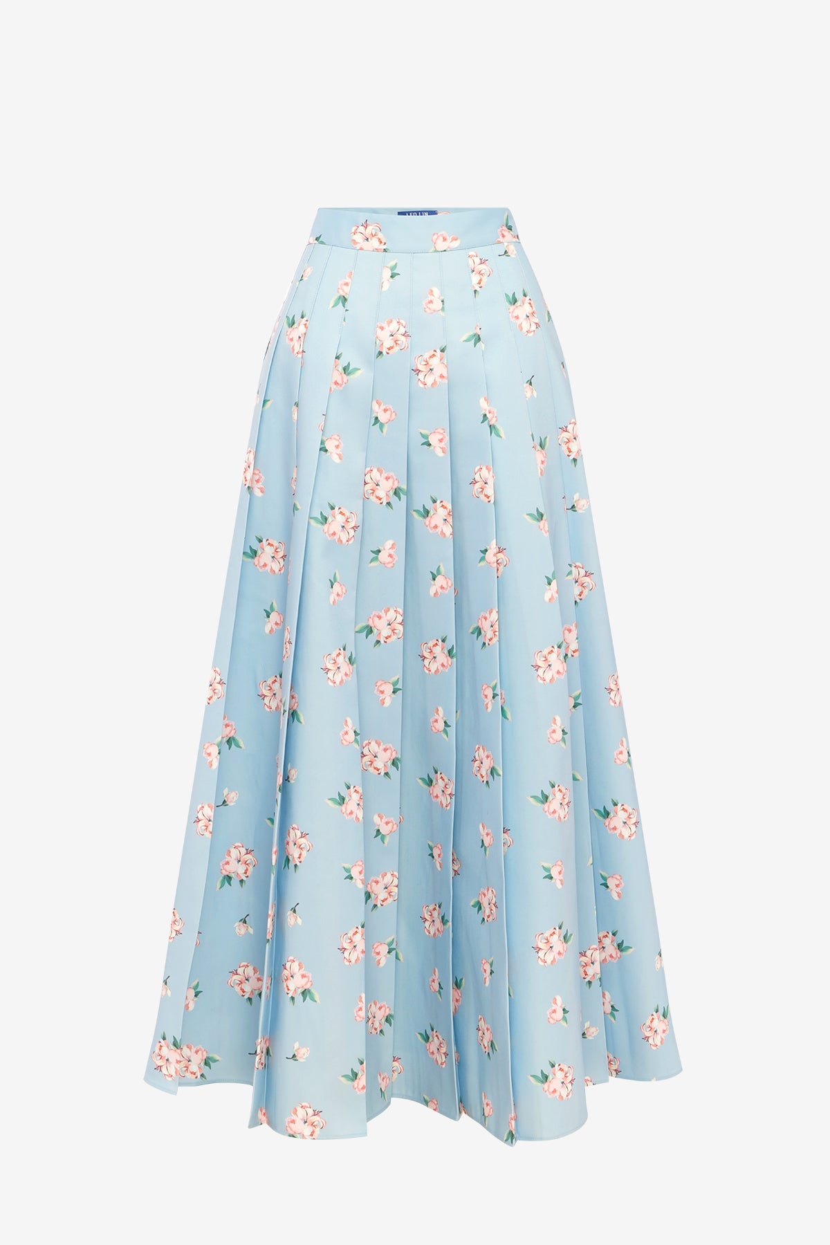 June Pleated Maxi Skirt - Ditsy Floral Print in Blue – LEO LIN