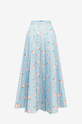Exclusive LEO LIN June Pleated Maxi Skirt - Ditsy Floral Print in Blue
