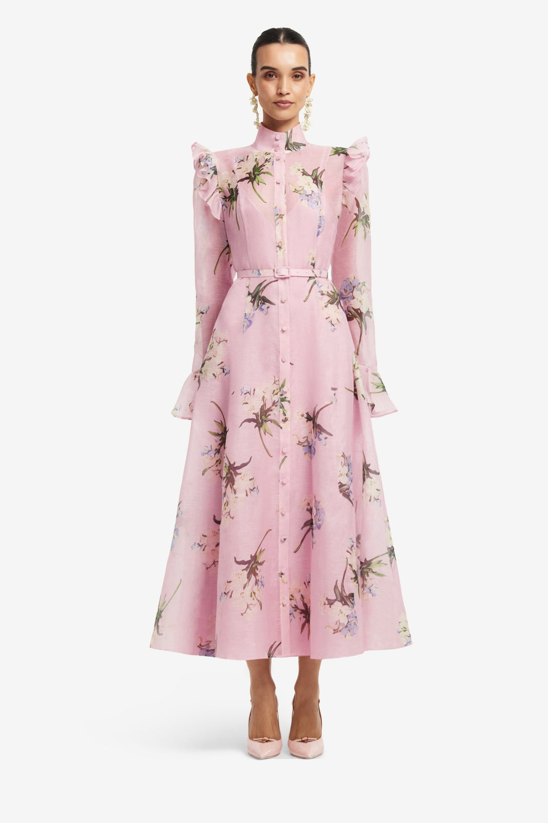 Katrina Butterfly Sleeve Midi Dress - Bouquet Print in Pastel Pink Dress Midi