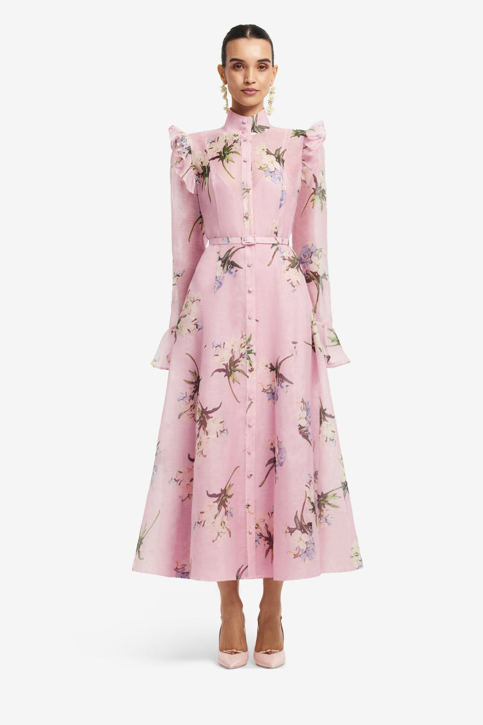 Exclusive LEO LIN Katrina Butterfly Sleeve Midi Dress - Bouquet Print in Pastel Pink