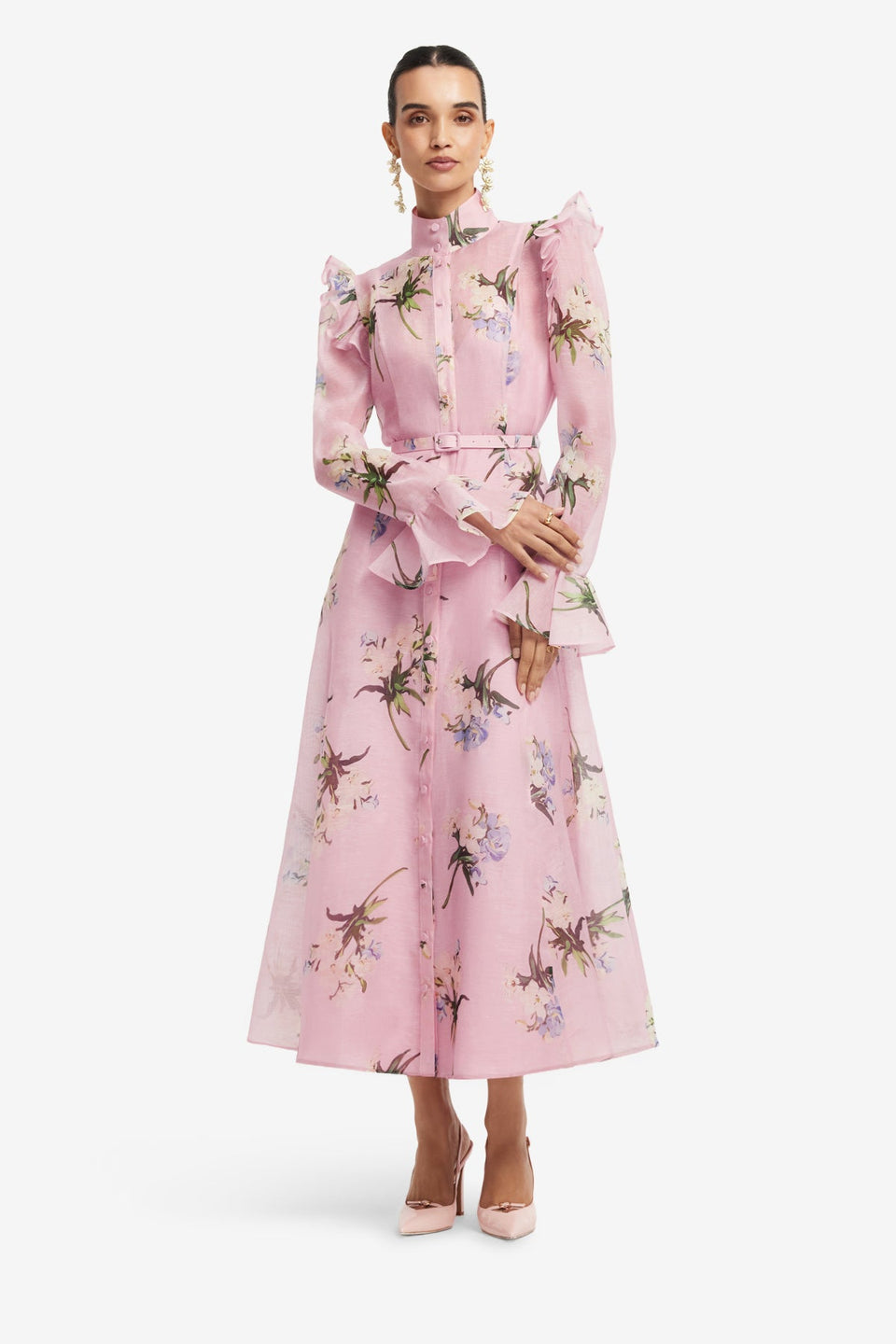 Exclusive LEO LIN Katrina Butterfly Sleeve Midi Dress - Bouquet Print in Pastel Pink