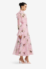 Katrina Butterfly Sleeve Midi Dress - Bouquet Print in Pastel Pink Dress Midi
