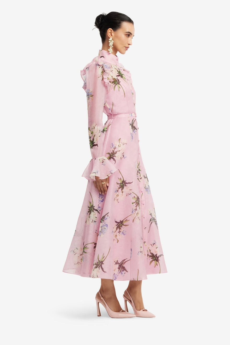 Exclusive LEO LIN Katrina Butterfly Sleeve Midi Dress - Bouquet Print in Pastel Pink