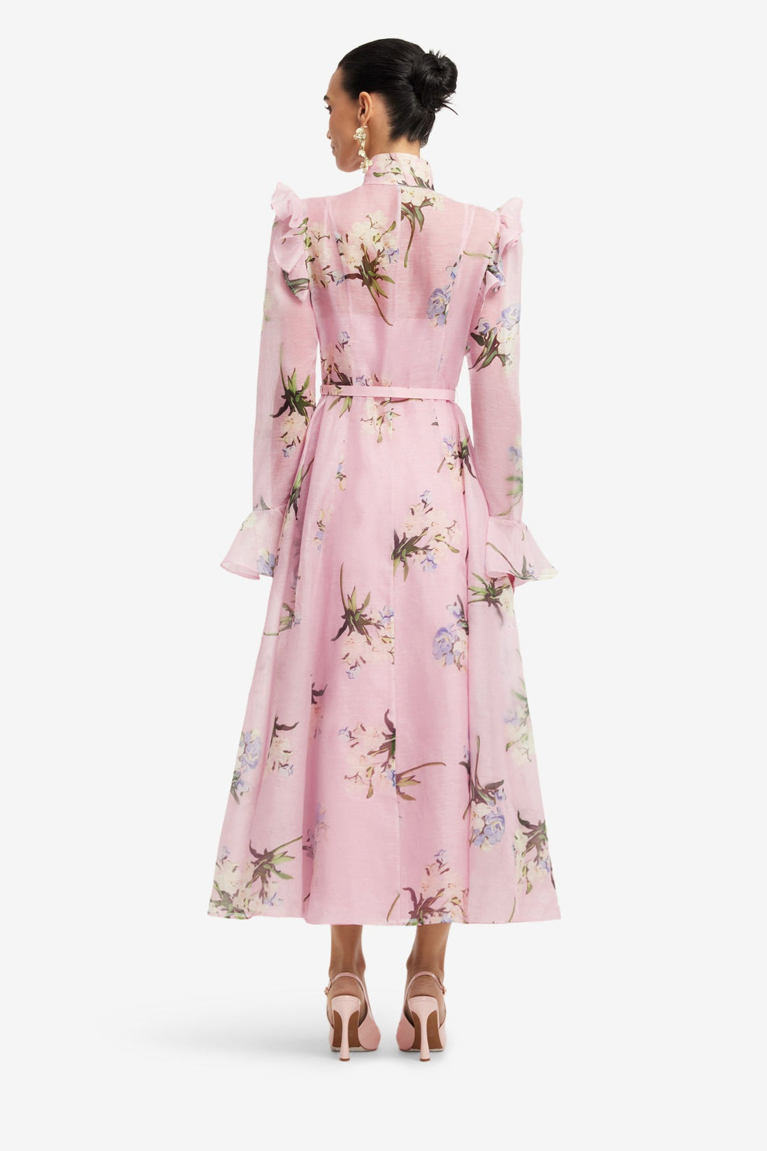 Katrina Butterfly Sleeve Midi Dress - Bouquet Print in Pastel Pink Dress Midi