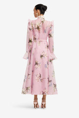 Katrina Butterfly Sleeve Midi Dress - Bouquet Print in Pastel Pink Dress Midi