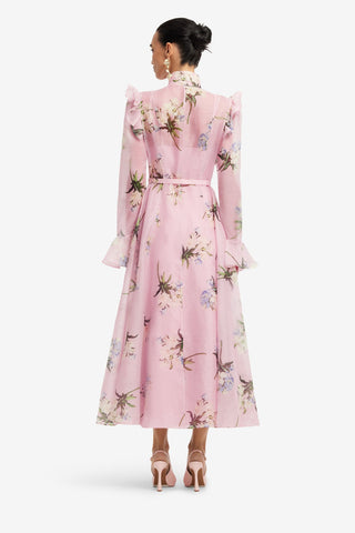Katrina Butterfly Sleeve Midi Dress - Bouquet Print in Pastel Pink Dress Midi