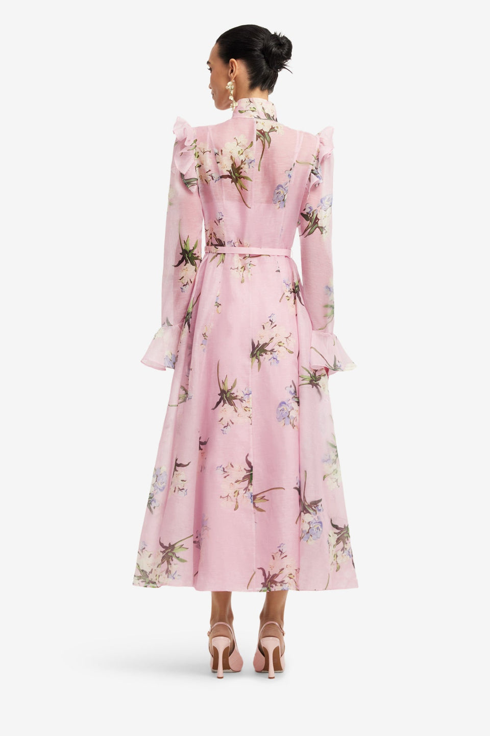 Exclusive LEO LIN Katrina Butterfly Sleeve Midi Dress - Bouquet Print in Pastel Pink