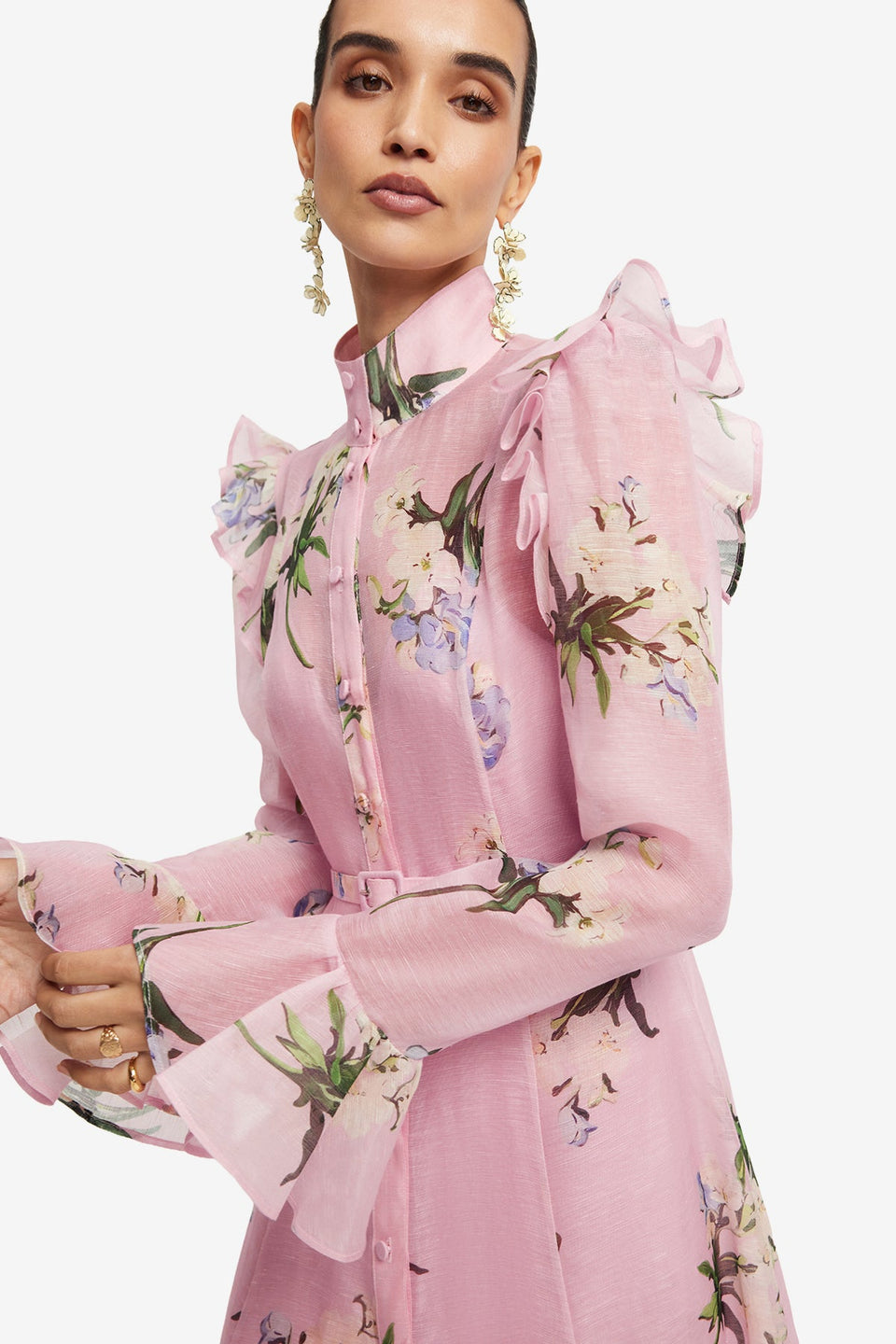 Exclusive LEO LIN Katrina Butterfly Sleeve Midi Dress - Bouquet Print in Pastel Pink