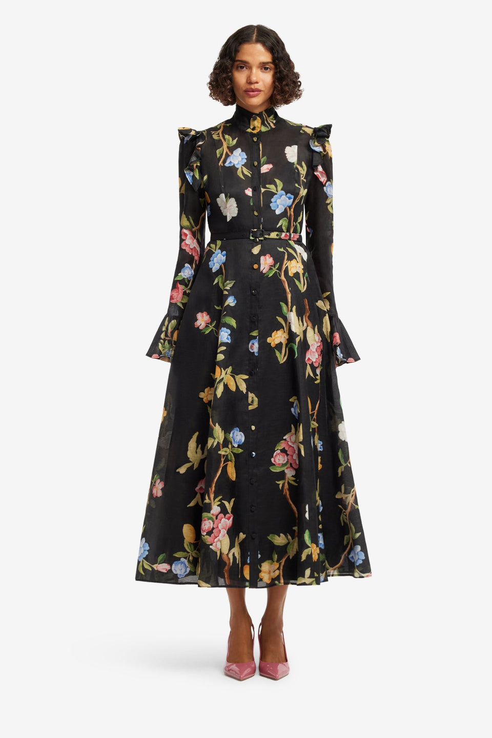 Katrina Butterfly Sleeve Midi Dress - Lemon Vine Print in Ebony Dress Midi