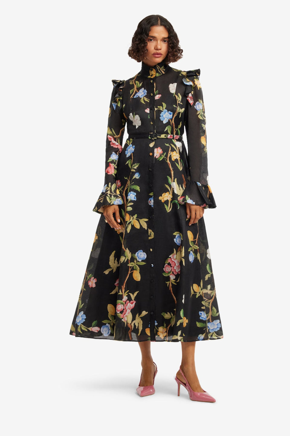 Katrina Butterfly Sleeve Midi Dress - Lemon Vine Print in Ebony Dress Midi