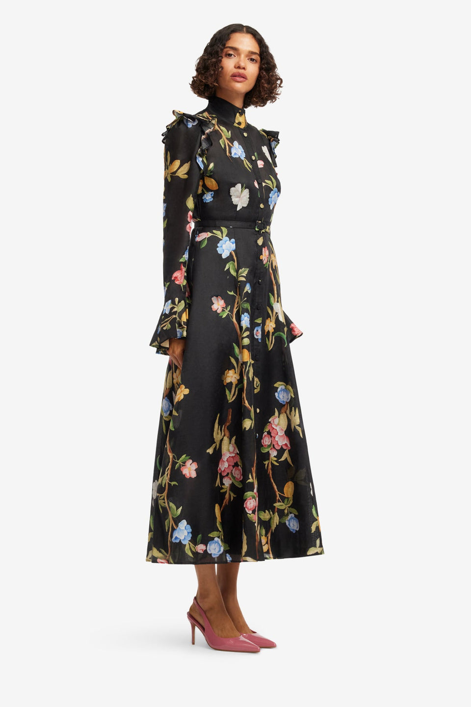 Katrina Butterfly Sleeve Midi Dress - Lemon Vine Print in Ebony Dress Midi