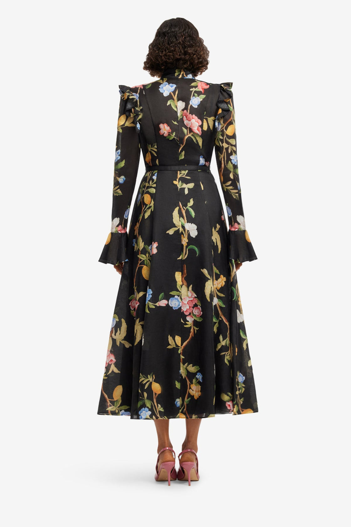 Katrina Butterfly Sleeve Midi Dress - Lemon Vine Print in Ebony Dress Midi