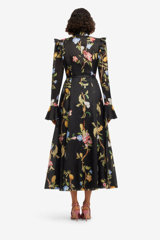 Katrina Butterfly Sleeve Midi Dress - Lemon Vine Print in Ebony Dress Midi