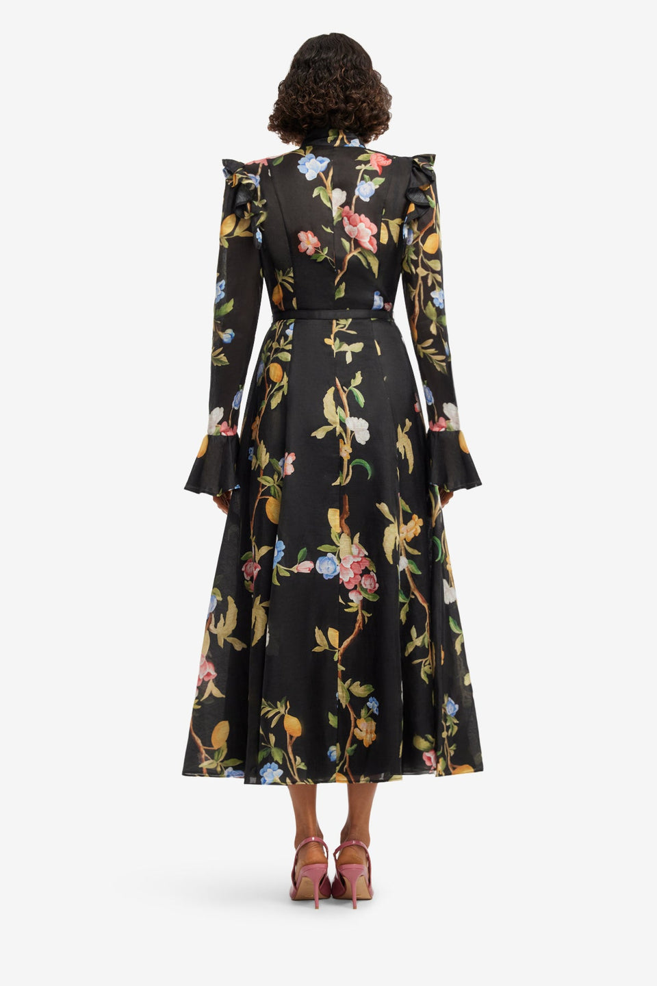 Katrina Butterfly Sleeve Midi Dress - Lemon Vine Print in Ebony Dress Midi