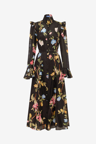Katrina Butterfly Sleeve Midi Dress - Lemon Vine Print in Ebony Dress Midi