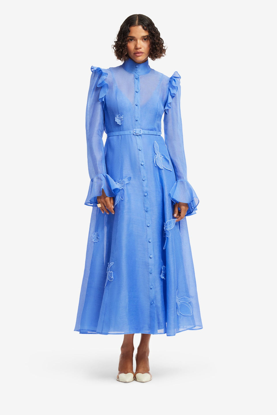 Katrina Appliqué Butterfly Sleeve Midi Dress - Azure Dress Midi
